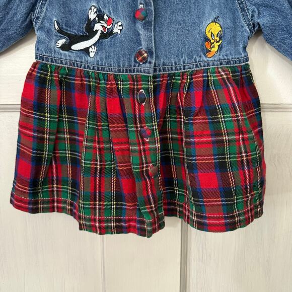 ACME Baby Dress Embroidered Tweety Bird Sylvester Size 6 Denim Plaid Tartan 90s - Picture 9 of 9